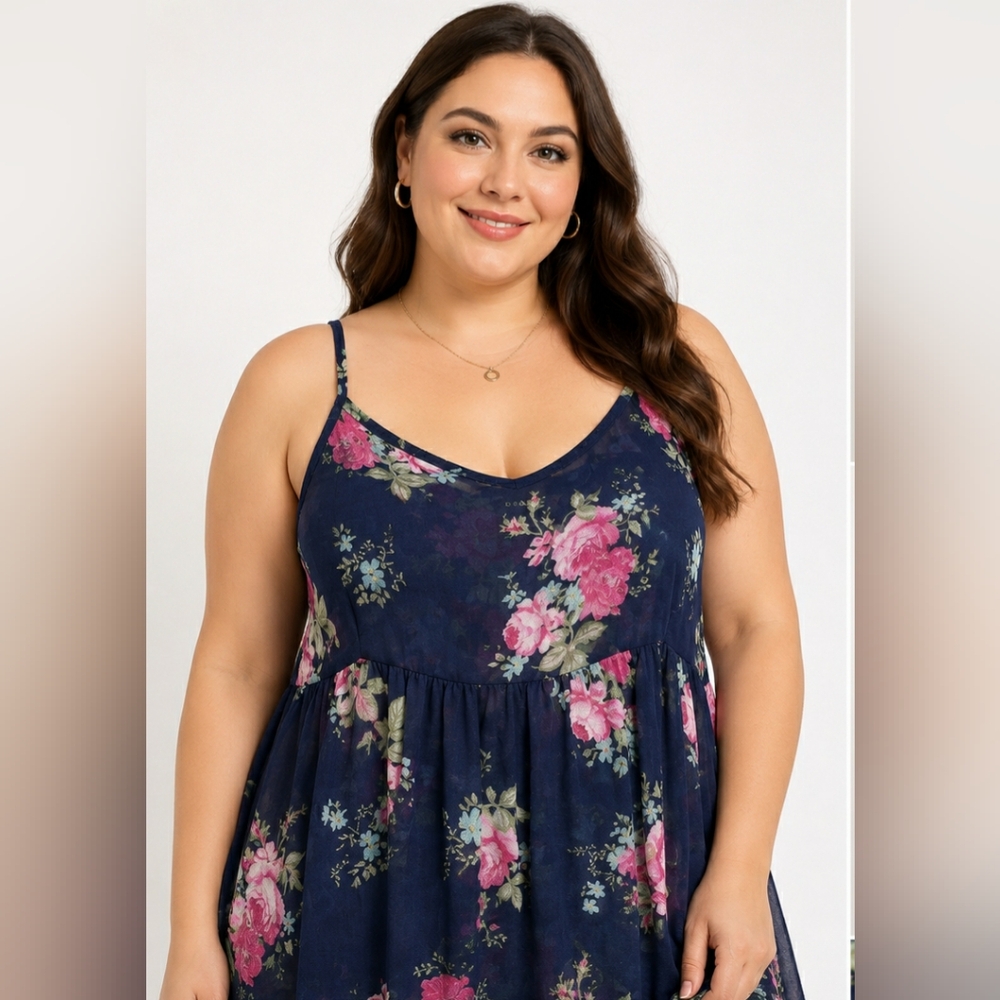 Torrid 2X Navy Floral Babydoll Cami Tank Top Boho Cottagecore Rose Print Flowy